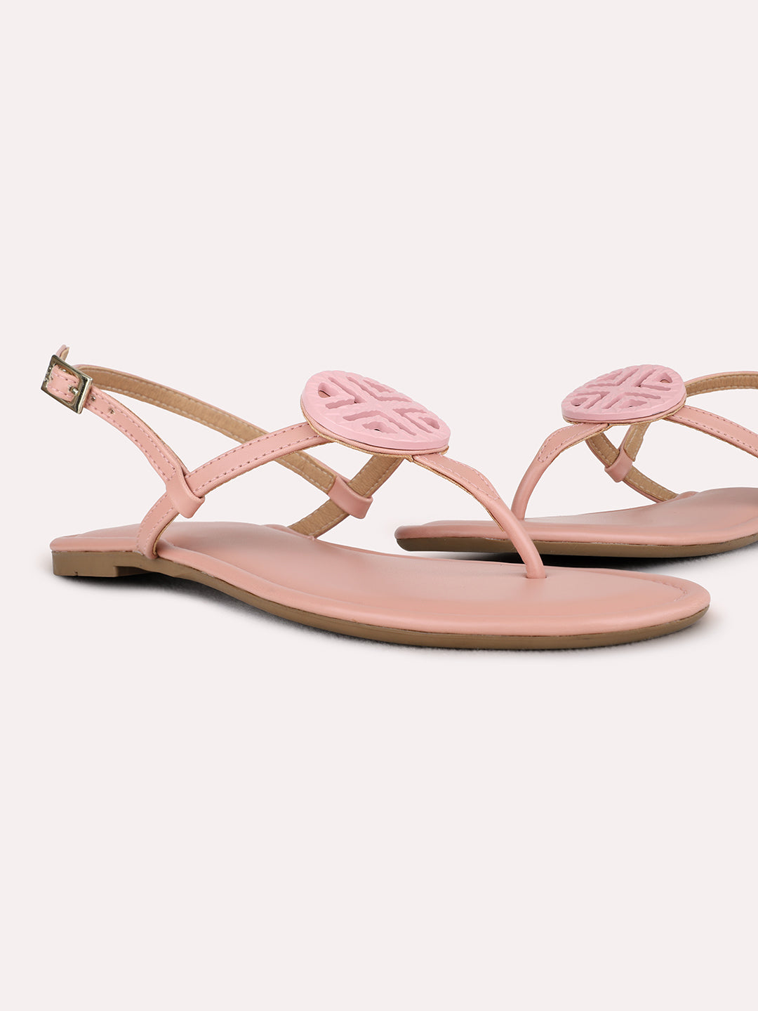 Womens Peach Casual Solid T-Strap Flat Sandals