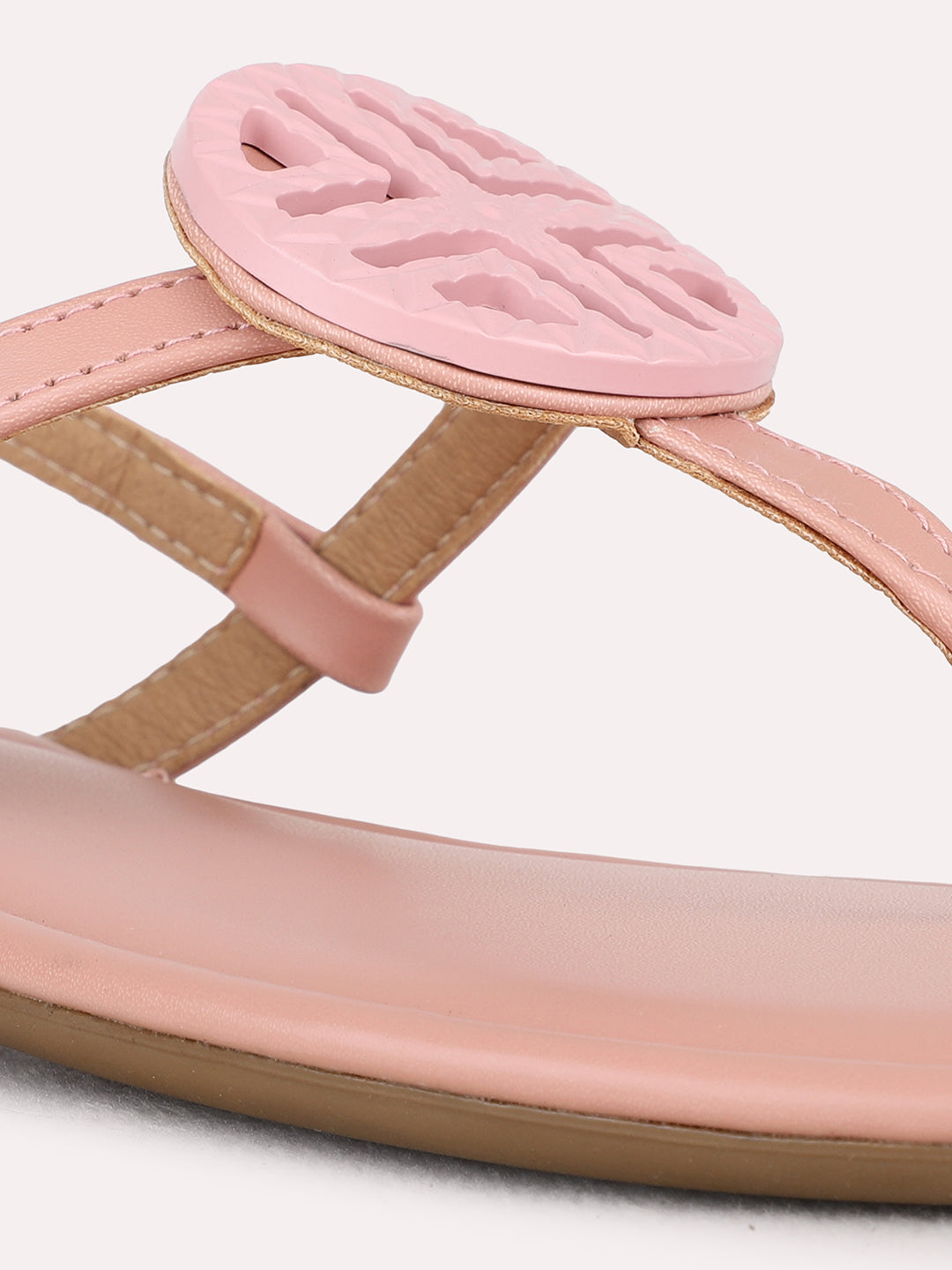 Womens Peach Casual Solid T-Strap Flat Sandals