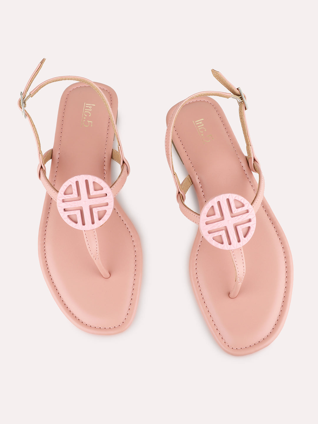 Womens Peach Casual Solid T-Strap Flat Sandals