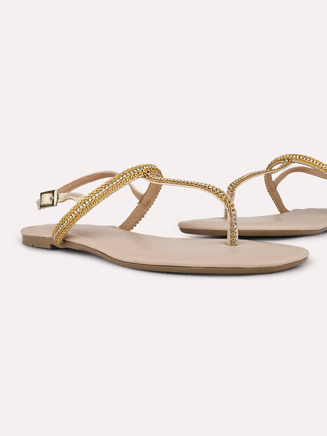 Womens Golden Casual Solid T-Strap Flat Sandals