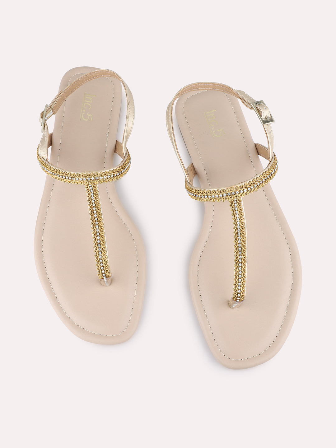 Womens Golden Casual Solid T-Strap Flat Sandals