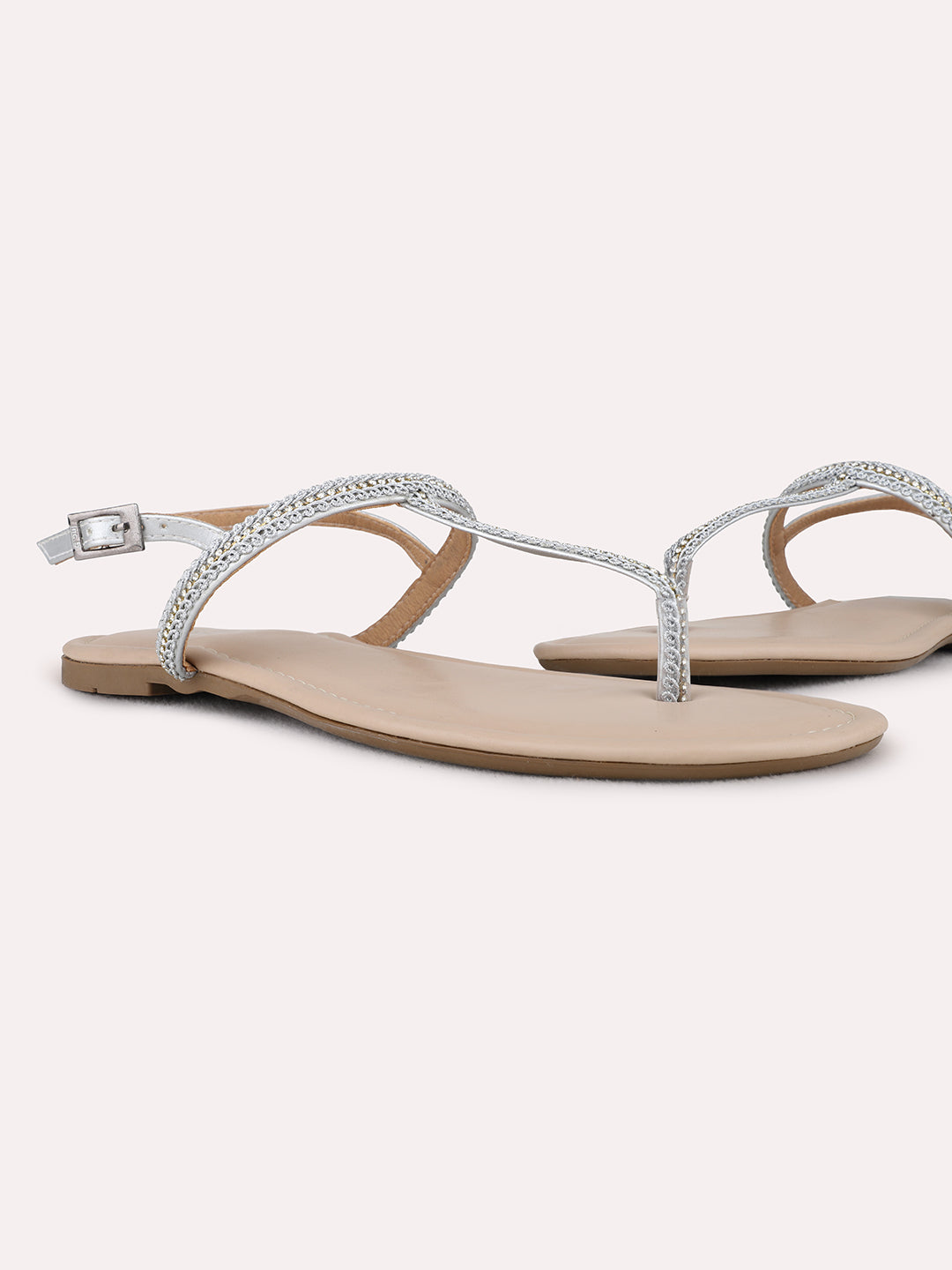 Womens Silver Casual Solid T-Strap Flat Sandals