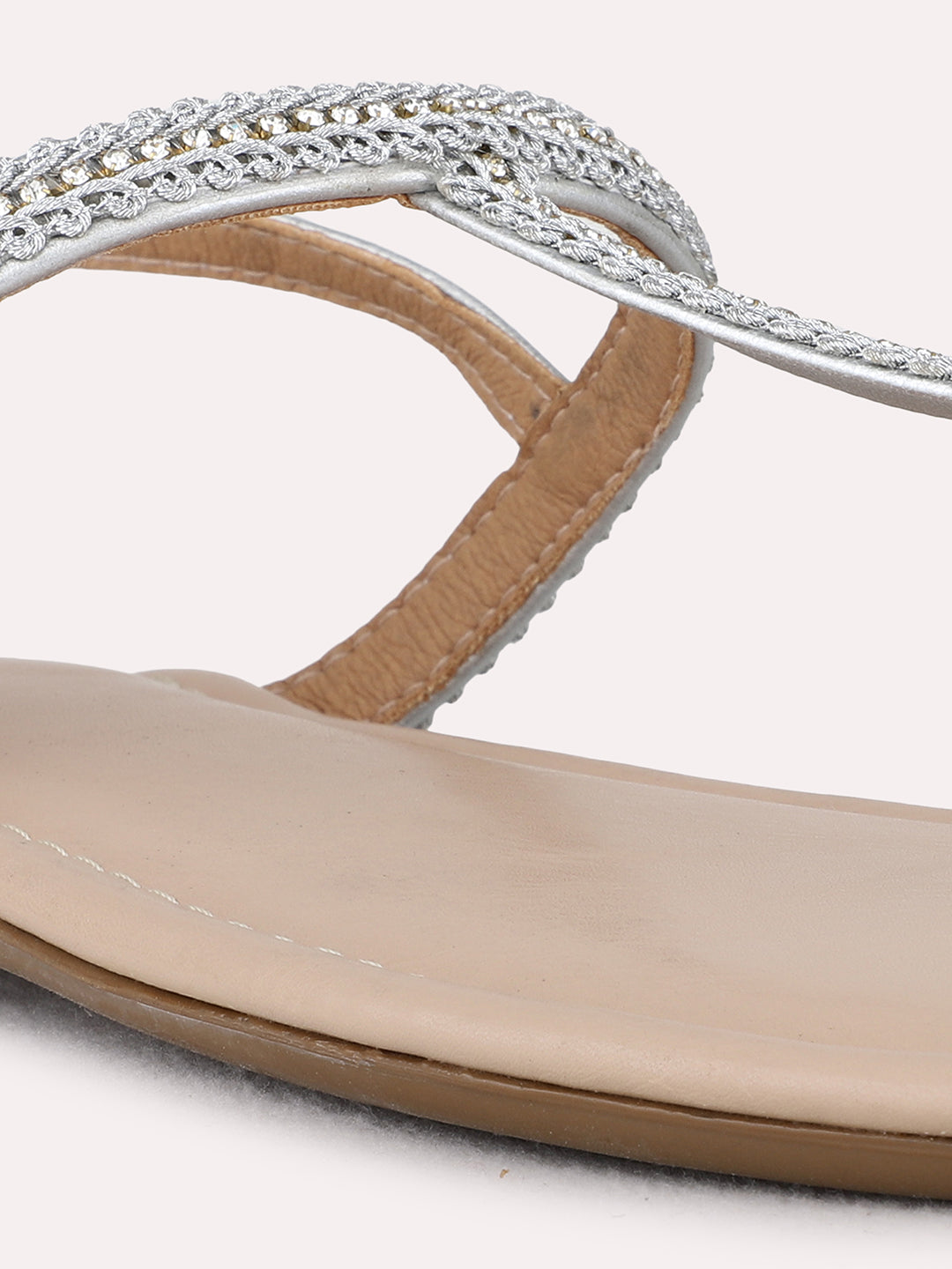 Womens Silver Casual Solid T-Strap Flat Sandals