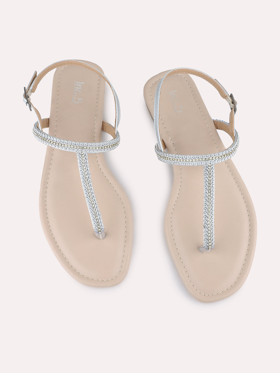 Womens Silver Casual Solid T-Strap Flat Sandals