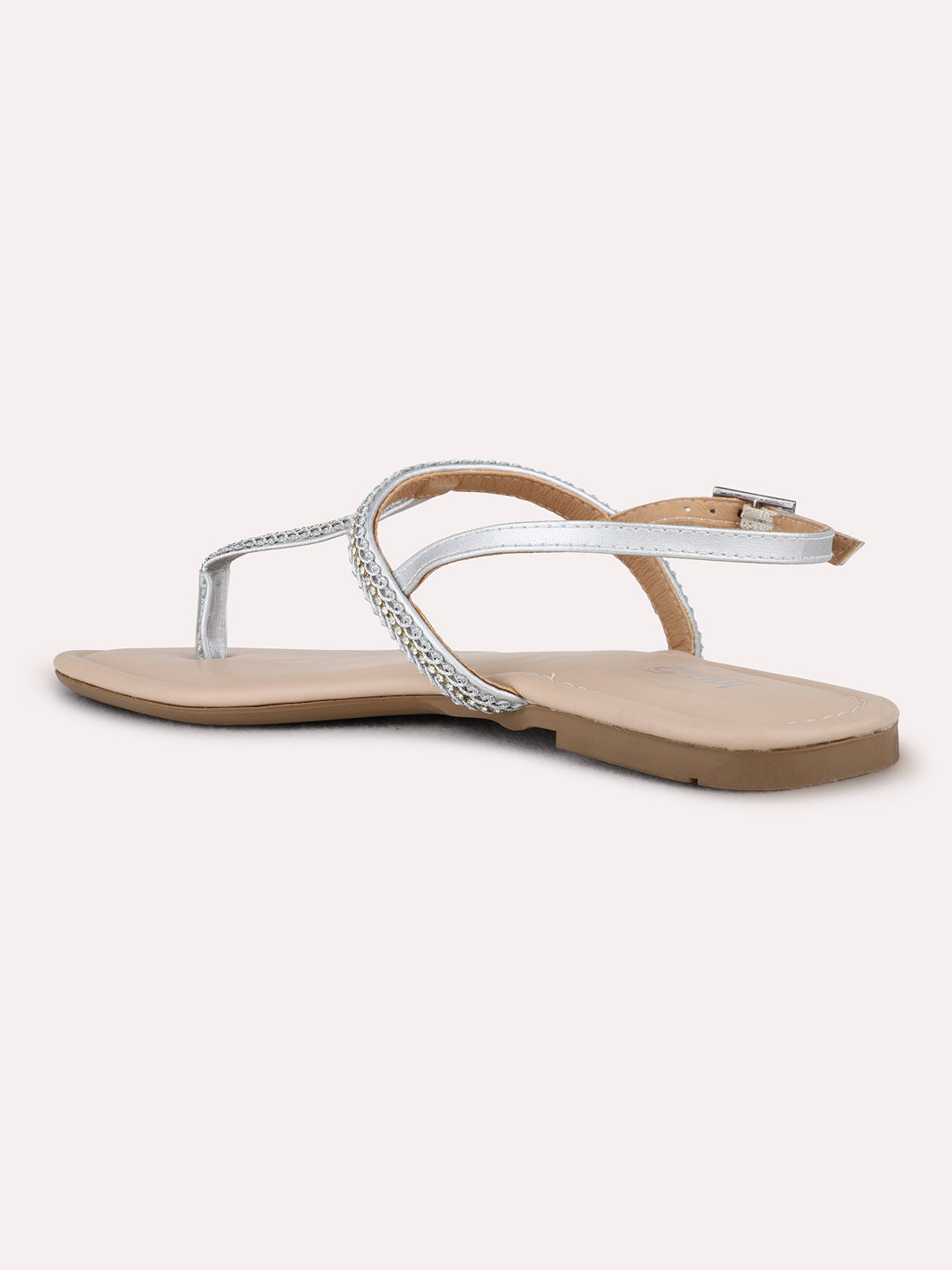 Womens Silver Casual Solid T-Strap Flat Sandals
