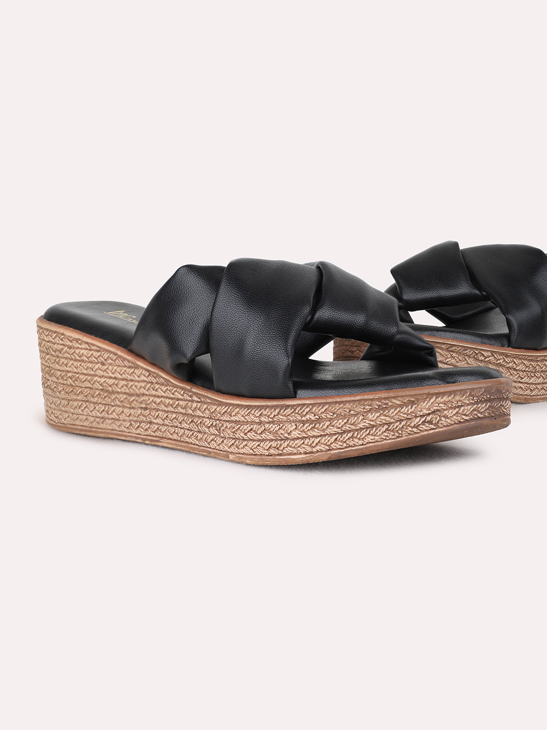 Womens Black Casual Solid Round Toe Wedge Heel Sandals