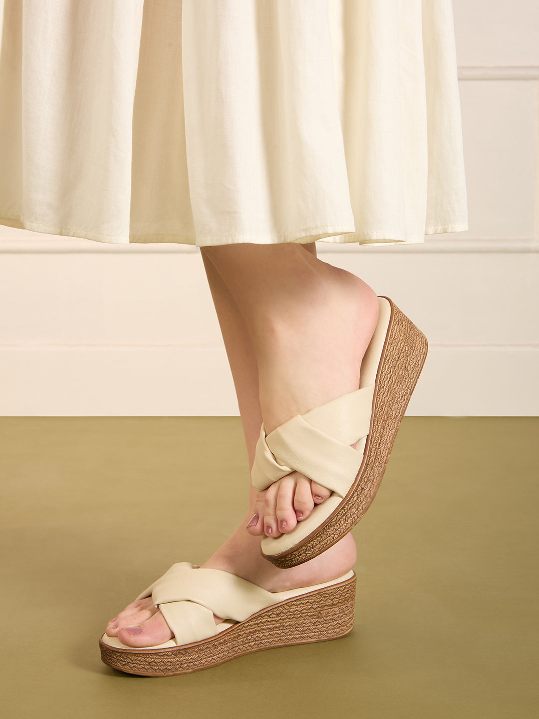 Womens Cream Casual Solid Pattern Round Toe Wedge Heels