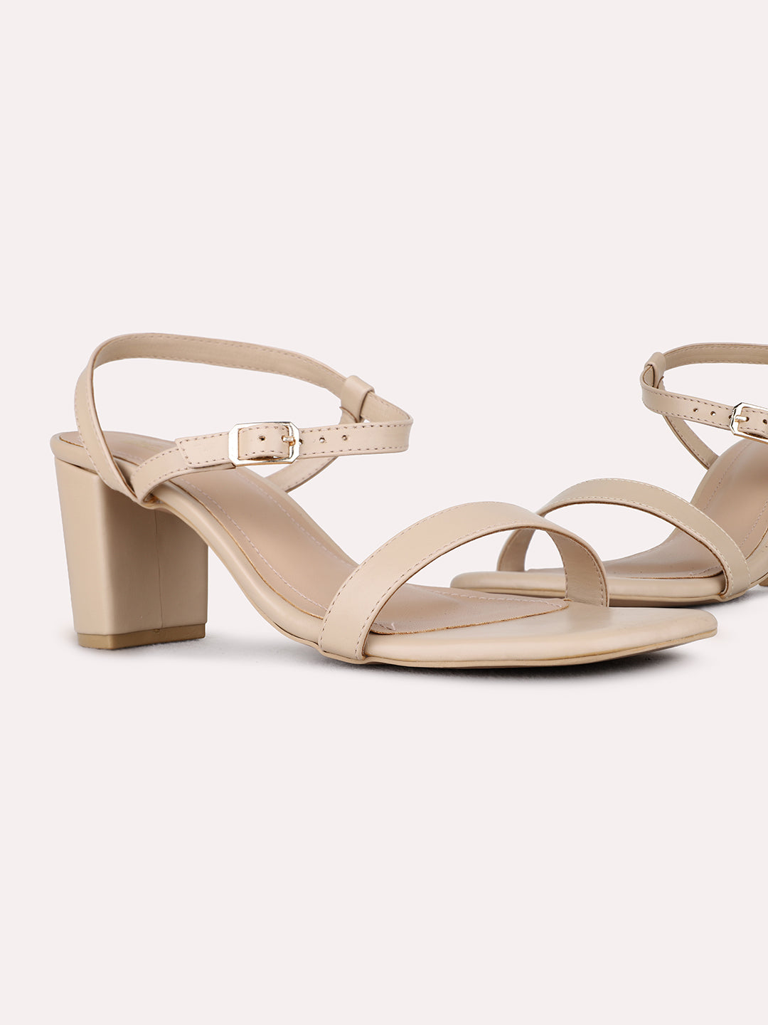Womens Beige Party Wear Solid Square Toe Block Heel Sandals