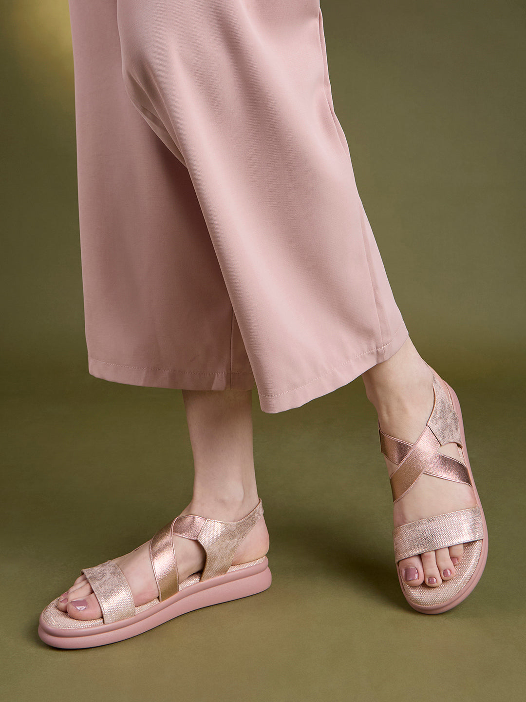 Womens Rose Gold Casual Striped Open Toe Flat Sandals