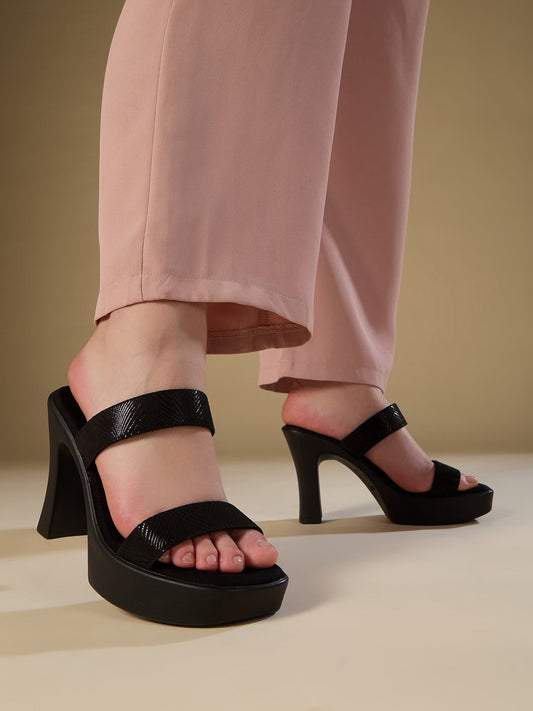 Womens Black Party Wear Solid Round Toe Platform Heels