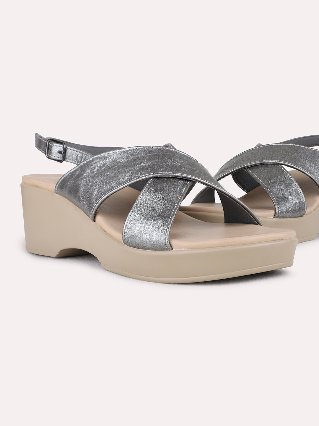 Womens Pewter Party Wear Striped Pattern Platform Heel Sandals