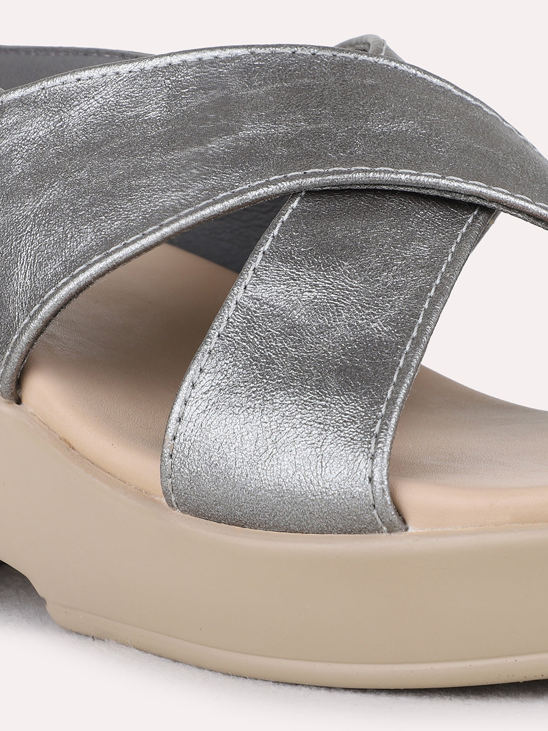 Womens Pewter Party Wear Striped Pattern Platform Heel Sandals