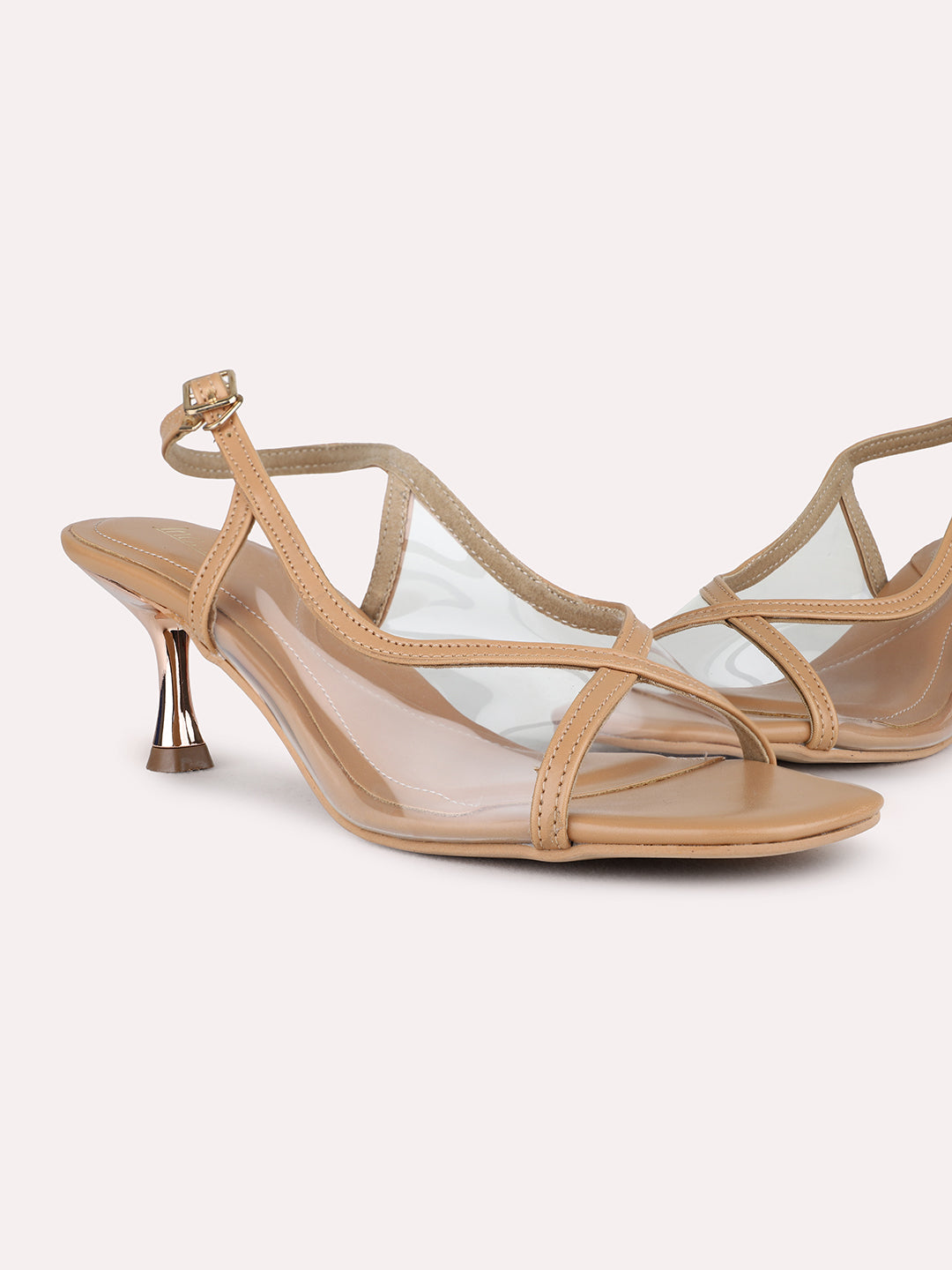 Womens Beige Party Wear Solid Square Toe Kitten Heel Sandals