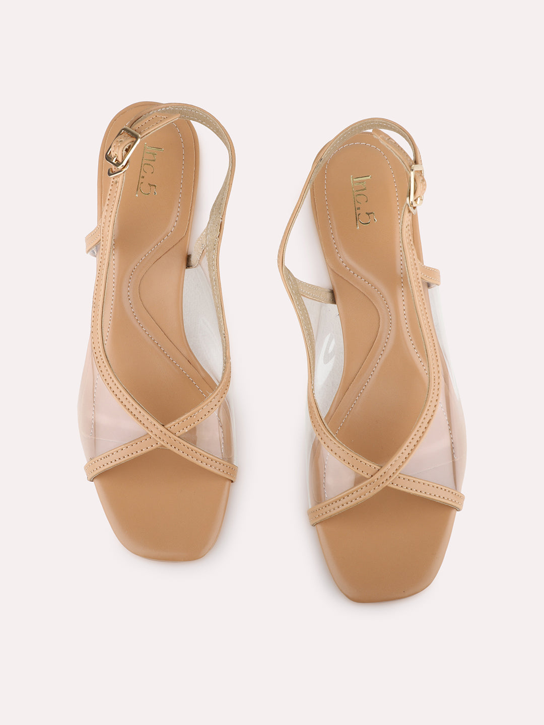 Womens Beige Party Wear Solid Square Toe Kitten Heel Sandals