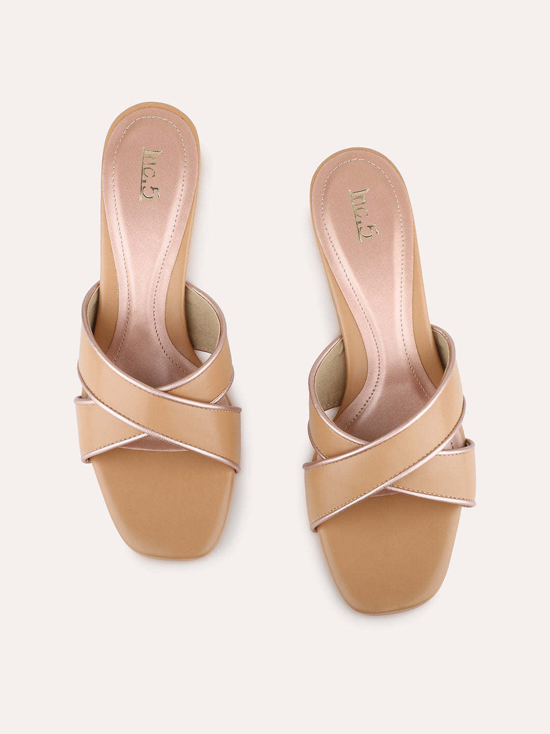 Womens Beige Party Wear Solid Square Toe Kitten Heel Sandals