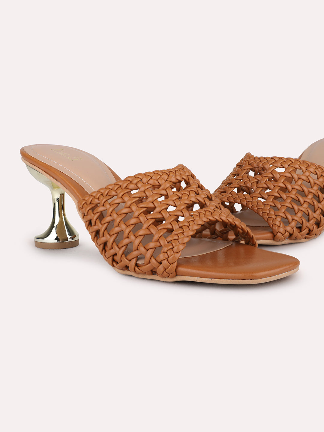 Womens Tan Party Wear Striped Square Toe Block Heel Sandals