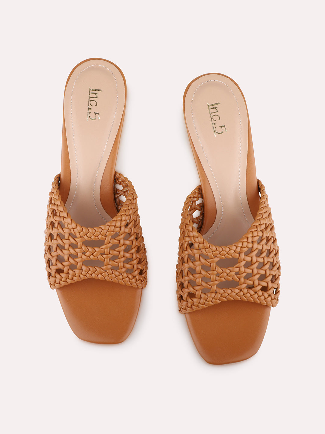 Womens Tan Party Wear Striped Square Toe Block Heel Sandals