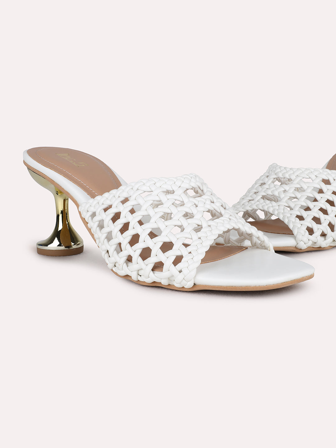 Womens White Party Wear Striped Square Toe Block Heel Sandals