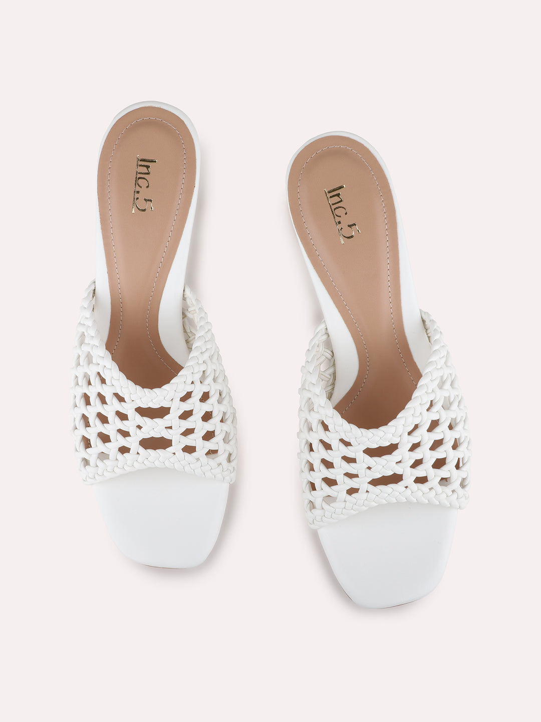 Womens White Party Wear Striped Square Toe Block Heel Sandals