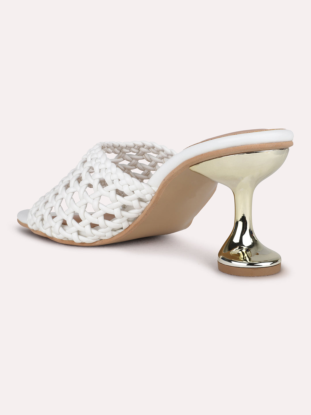 Womens White Party Wear Striped Square Toe Block Heel Sandals