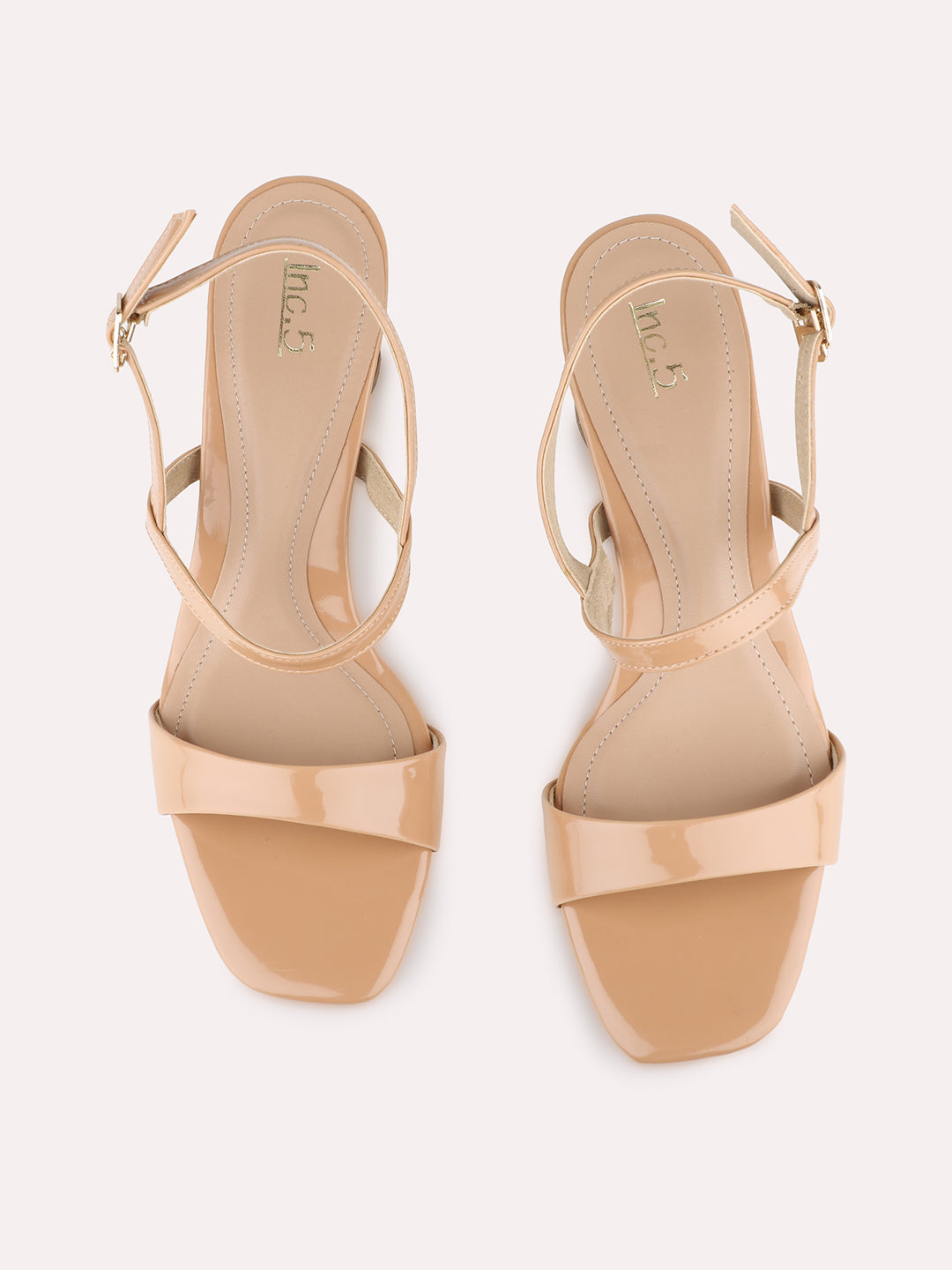 Womens Beige Party Wear Solid Square Toe Block Heel Sandals