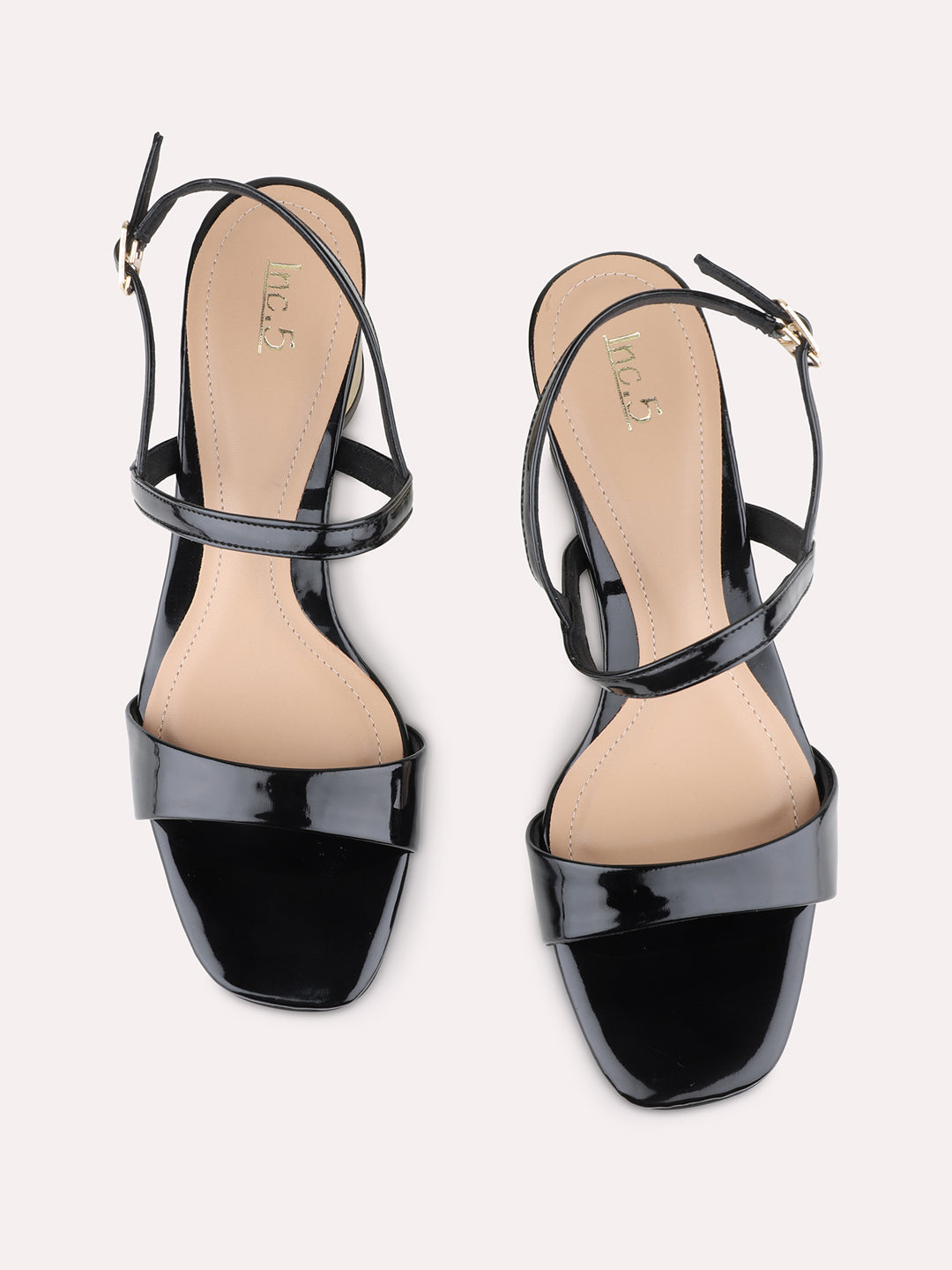 Womens Black Party Wear Solid Square Toe Block Heel Sandals