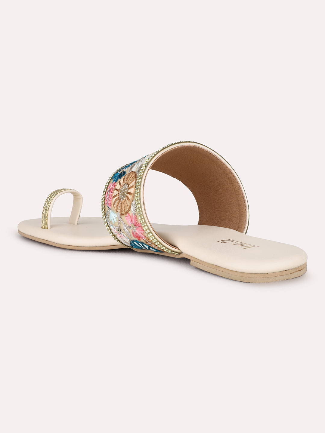 Womens Golden Ethnic Embroidered One Toe Flat Slip-On Sandals
