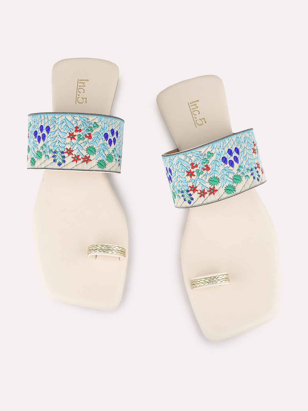Womens Cream Ethnic Embroidered One Toe Flat Slip-On Sandals
