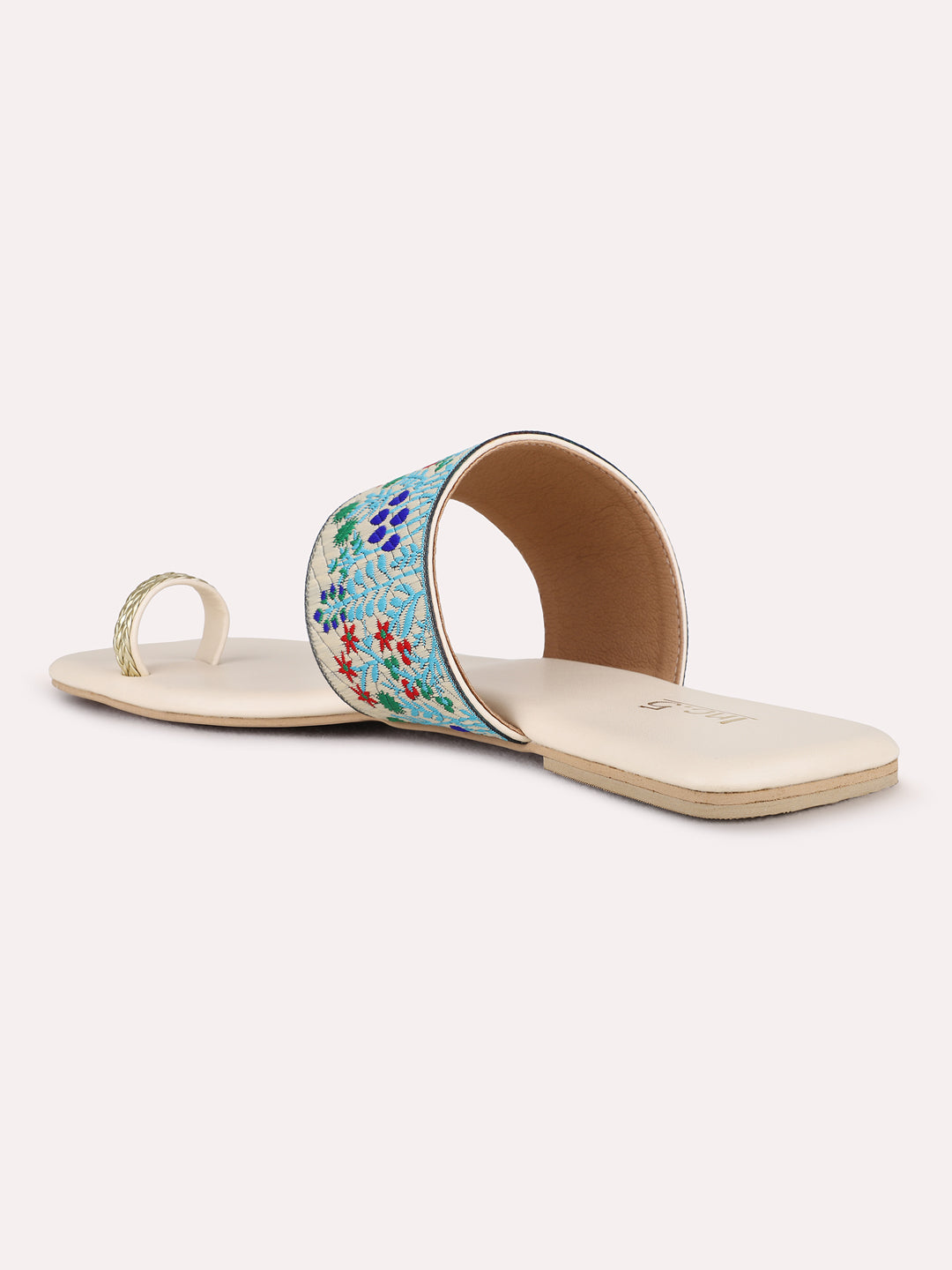Womens Cream Ethnic Embroidered One Toe Flat Slip-On Sandals