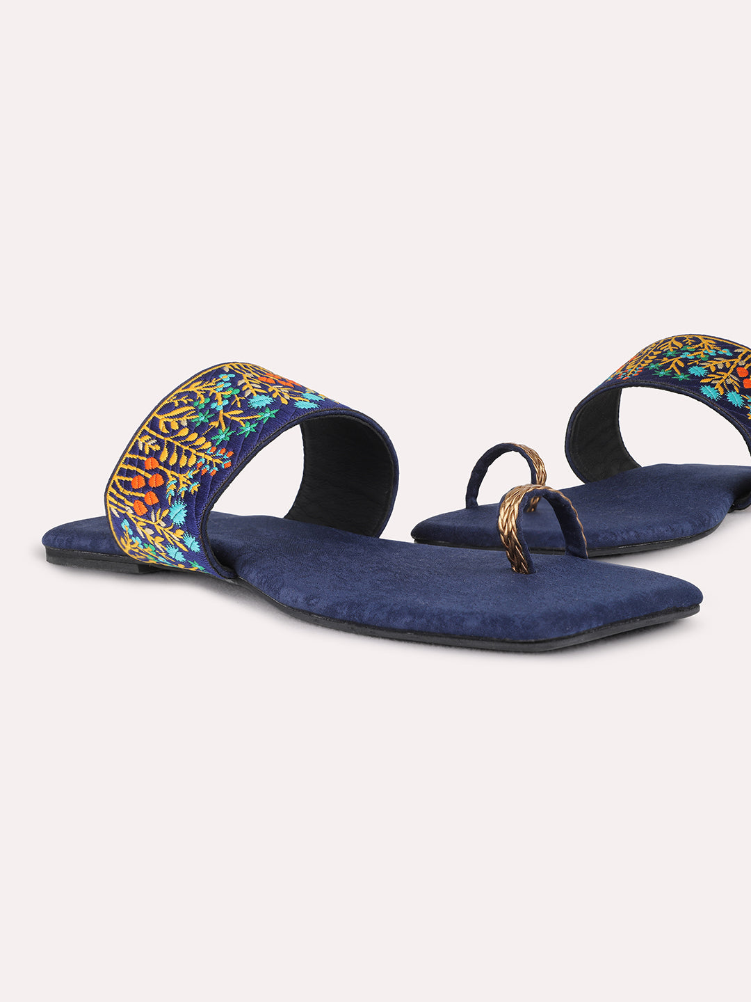 Womens Navy Ethnic Embroidered One Toe Flat Slip-On Sandals