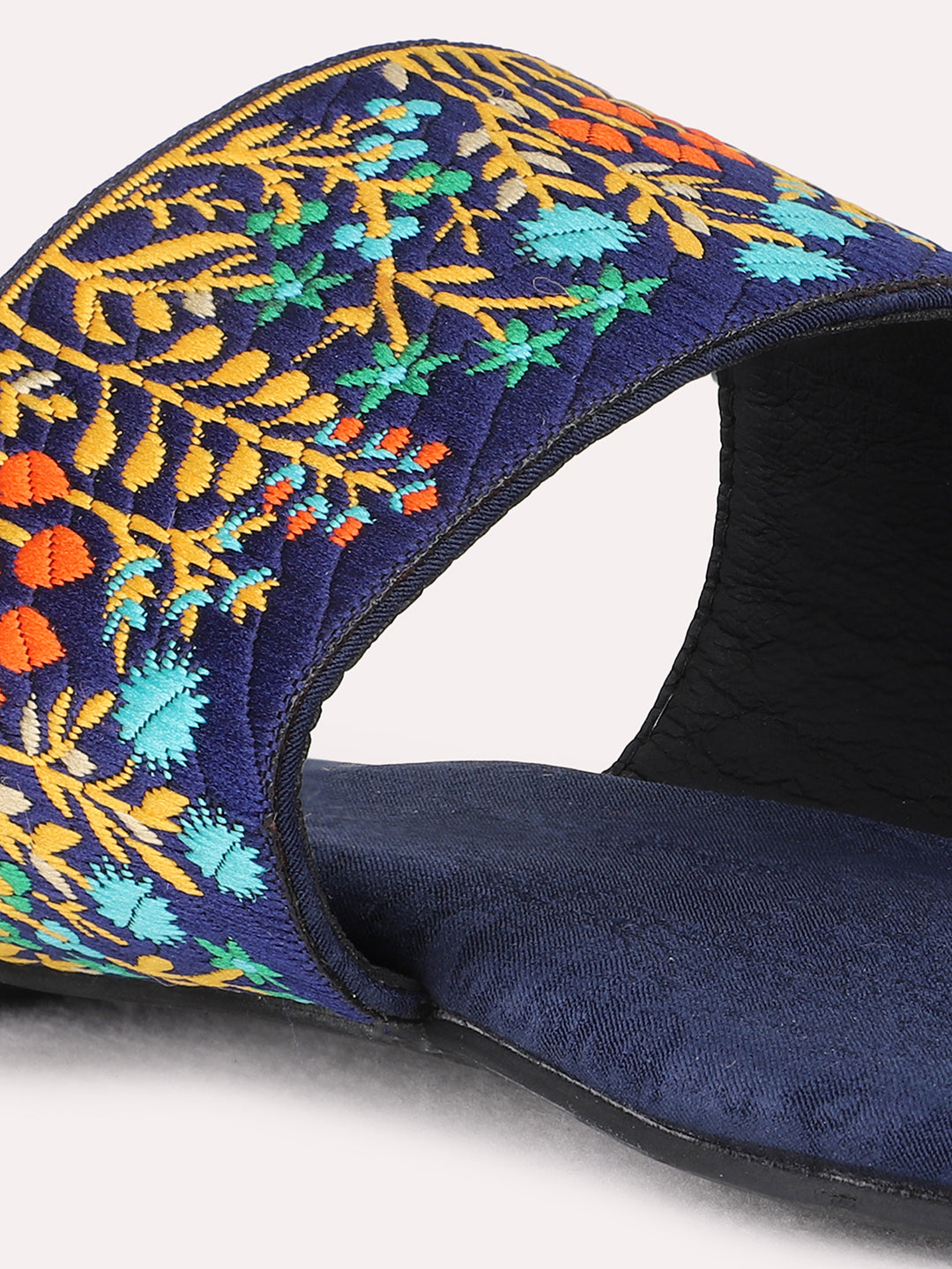 Womens Navy Ethnic Embroidered One Toe Flat Slip-On Sandals