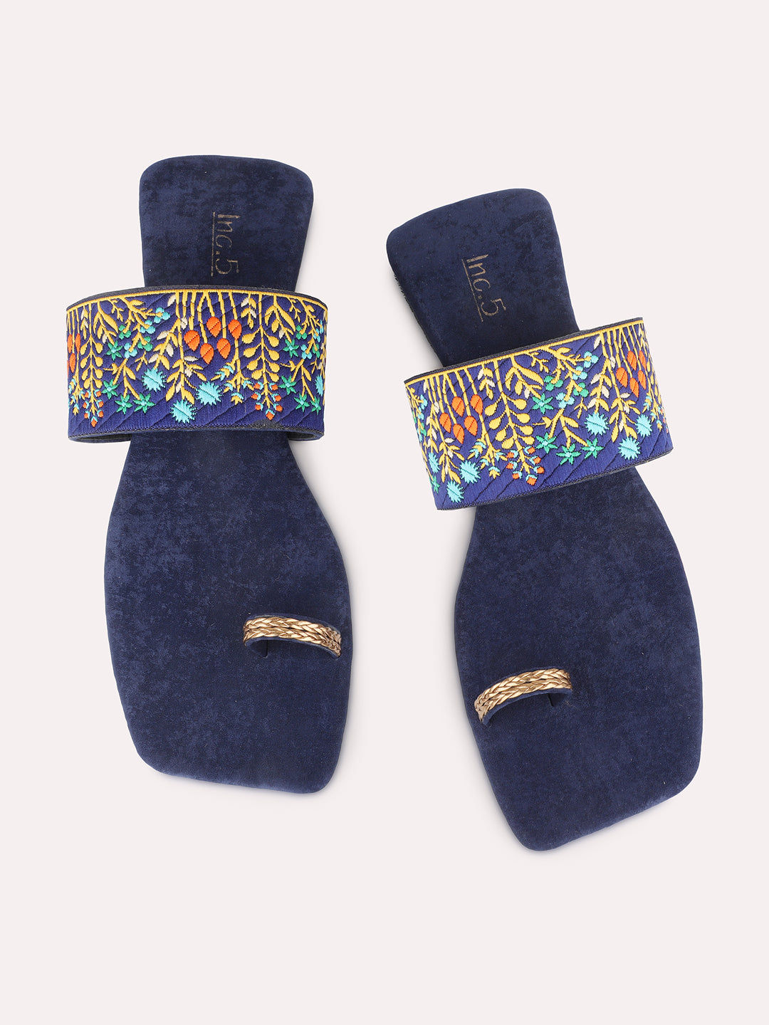 Womens Navy Ethnic Embroidered One Toe Flat Slip-On Sandals