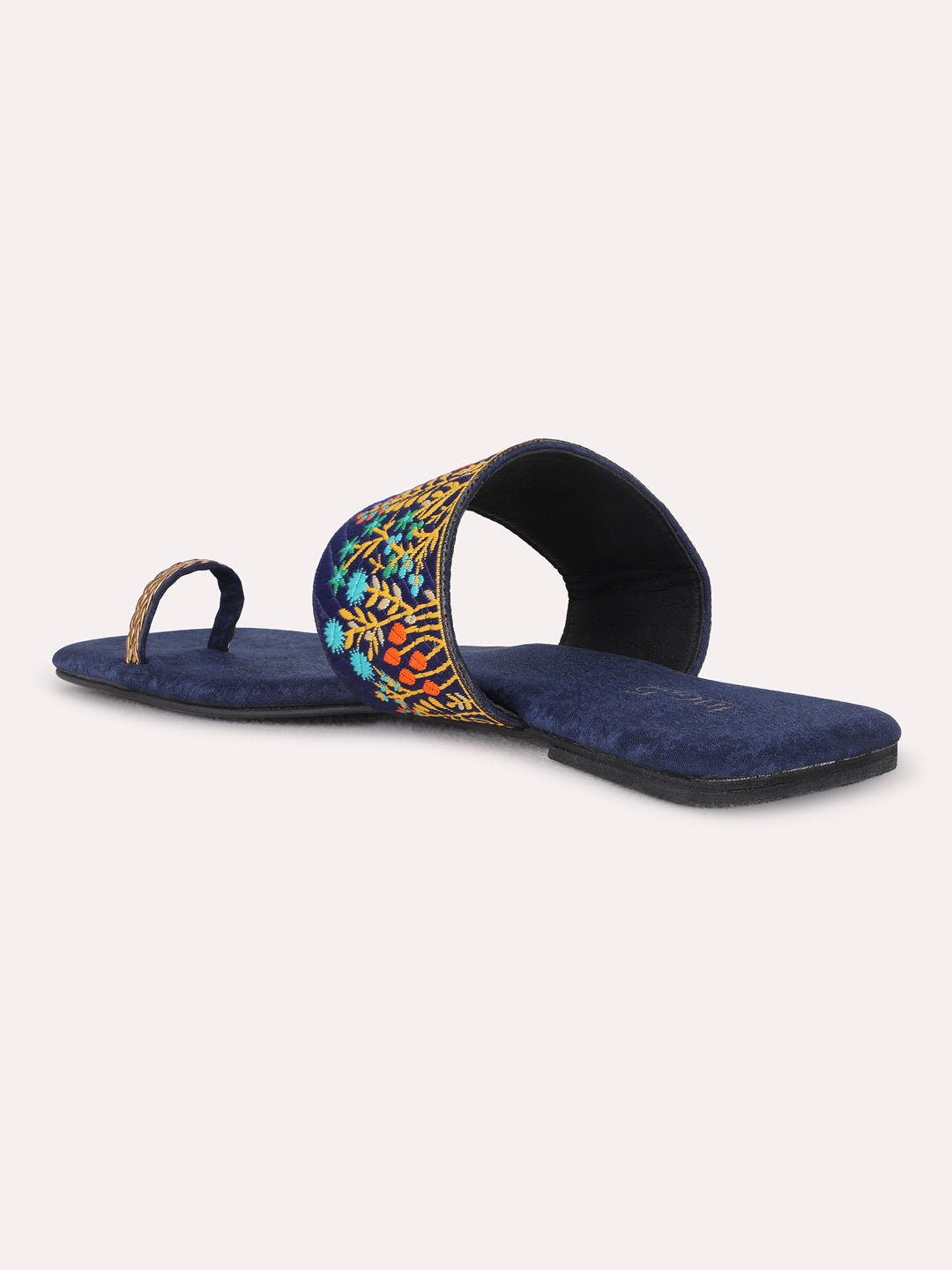 Womens Navy Ethnic Embroidered One Toe Flat Slip-On Sandals