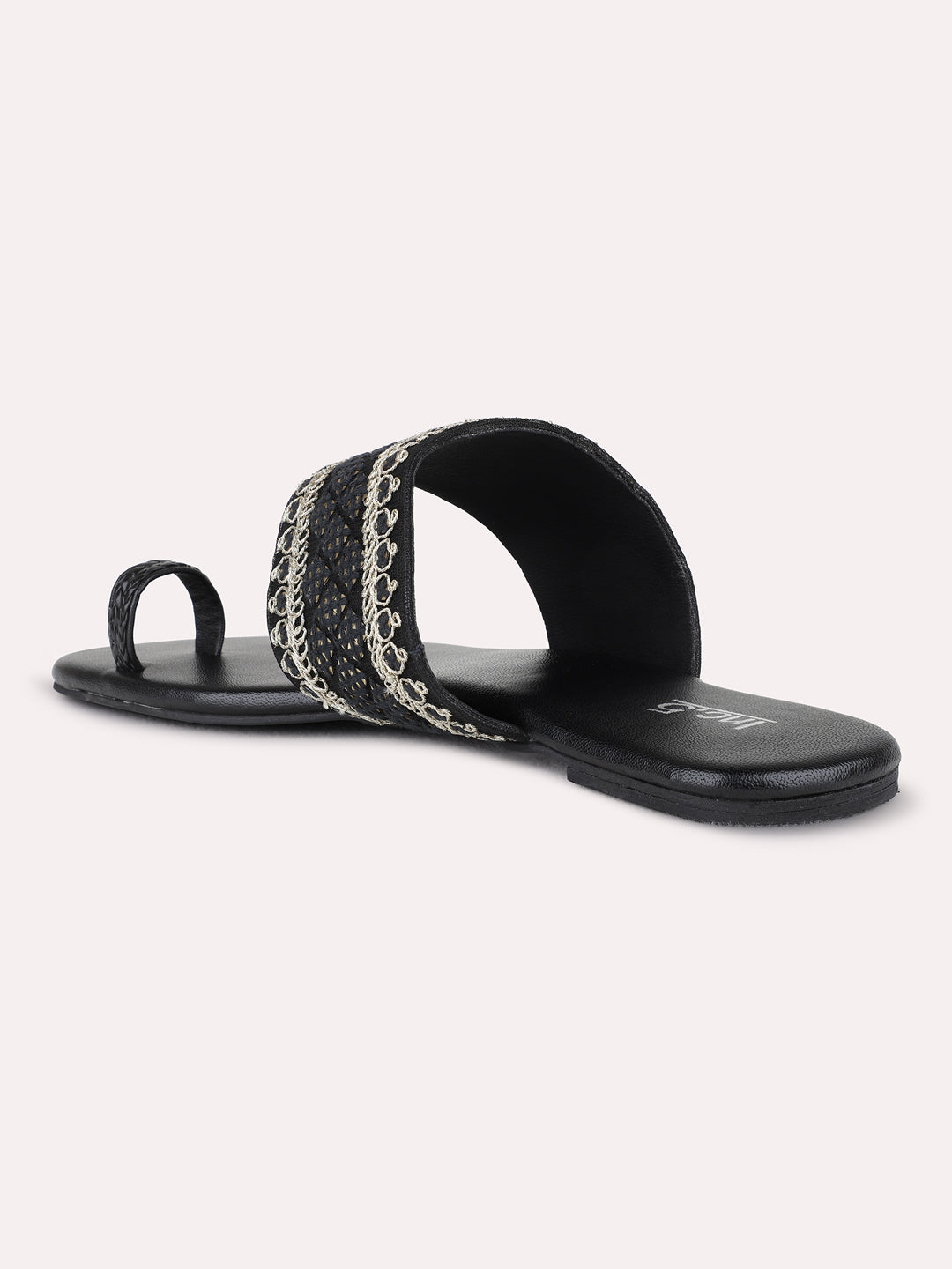 Womens Black Ethnic Embroidered One Toe Flat Slip-On Sandals