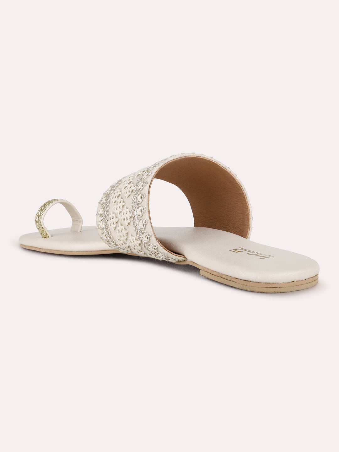 Womens Cream Ethnic Embroidered One Toe Flat Slip-On Sandals