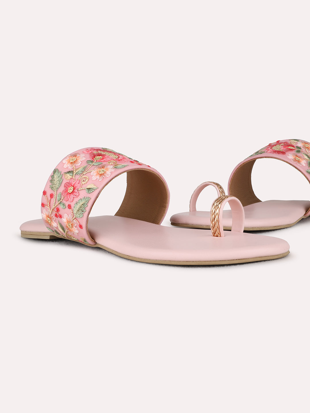 Womens Peach Ethnic Solid One Toe Flat Slip-On Sandals