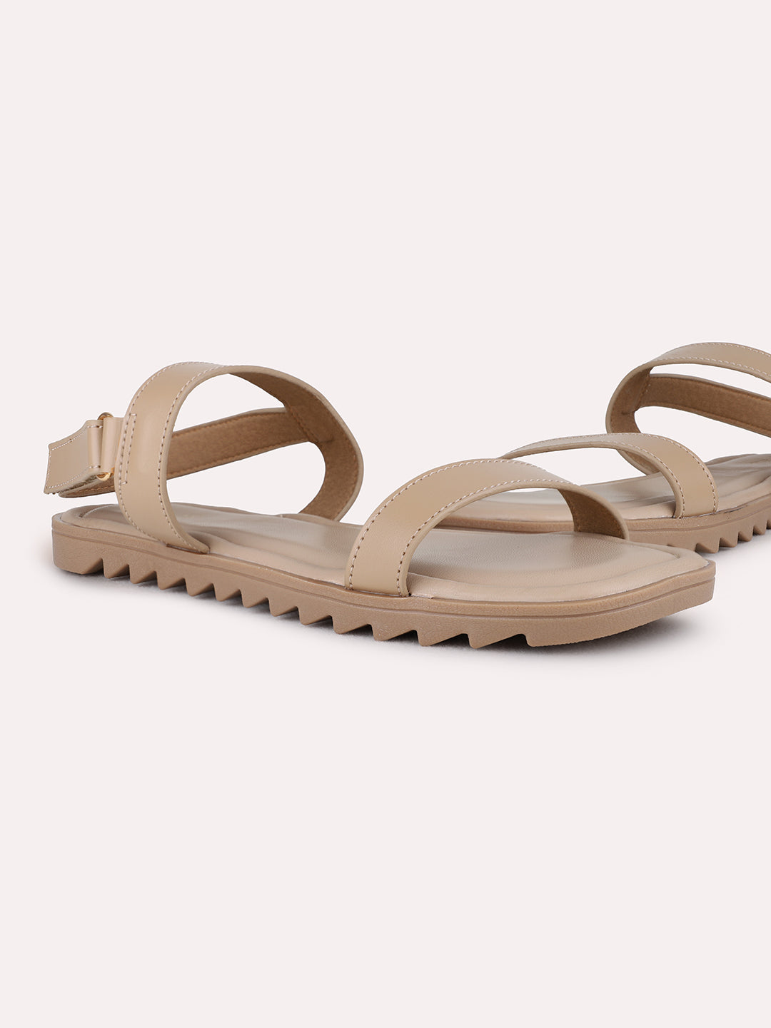 Womens Beige Casual Solid Open Toe Flat Sandals