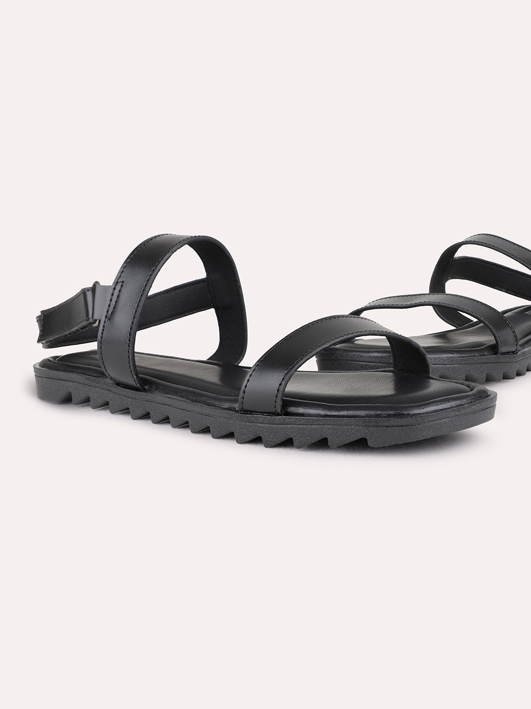 Womens Black Casual Solid Open Toe Flat Sandals