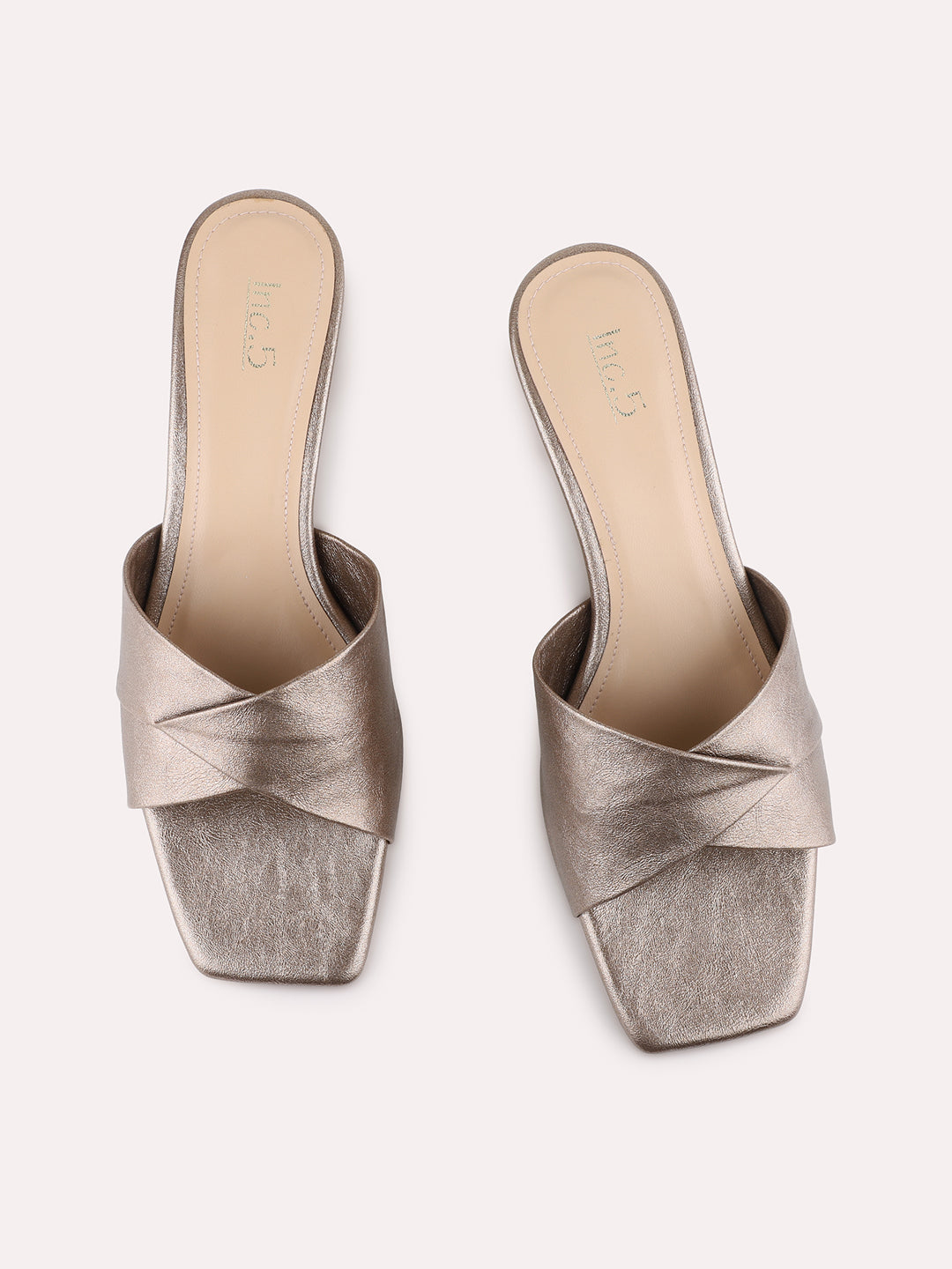Womens Golden Party Wear Solid Square Toe Block Heels