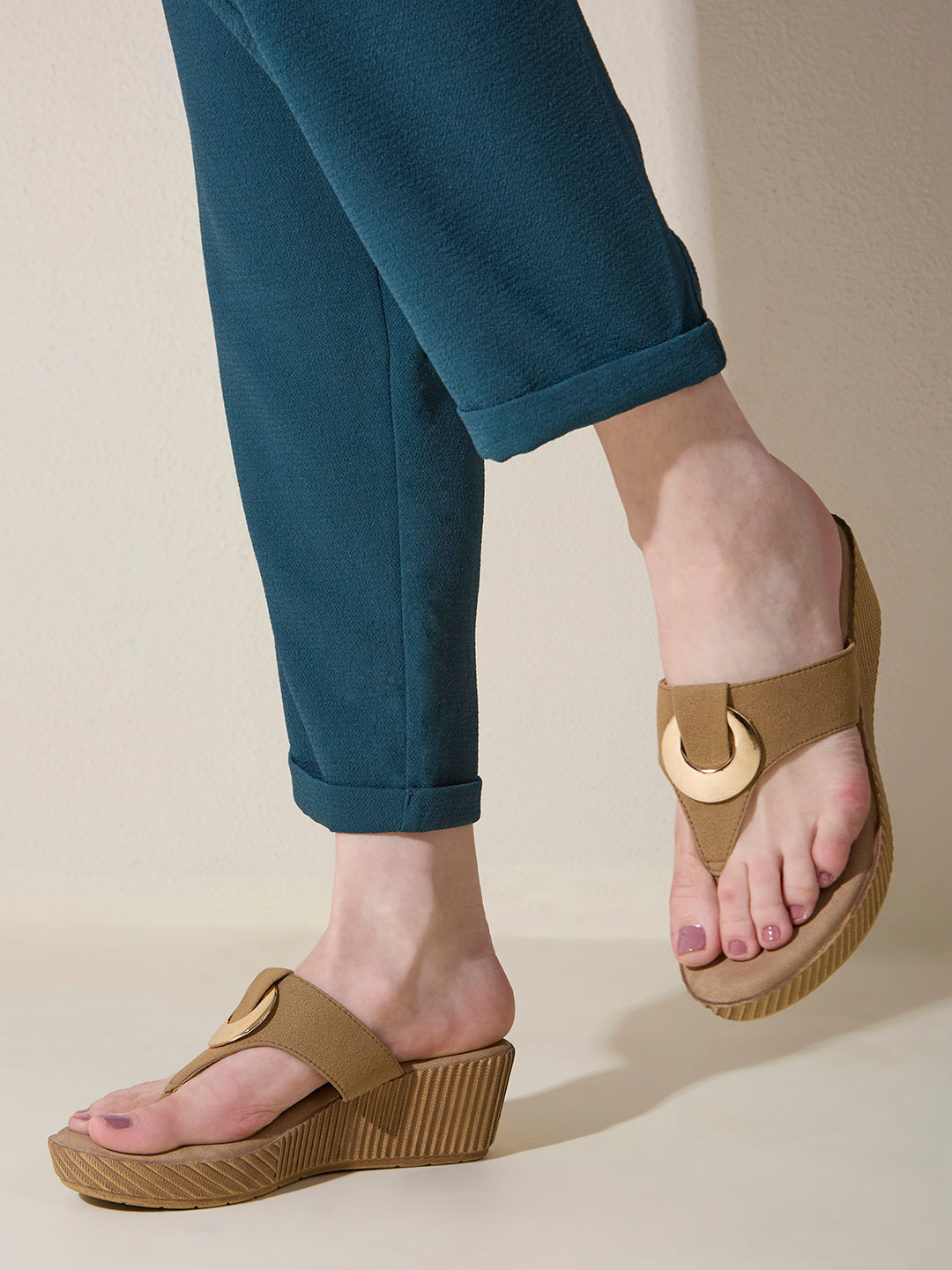 Womens Beige Party Wear Solid Round Toe Wedge Heel Sandals