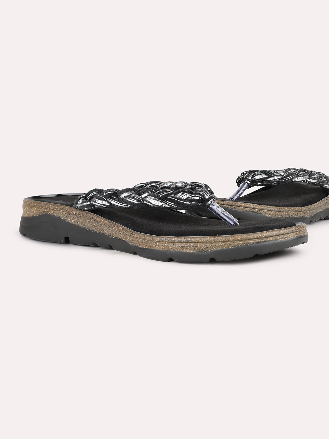 Women Black Casual Solid Round Toe Slip-On Sandals