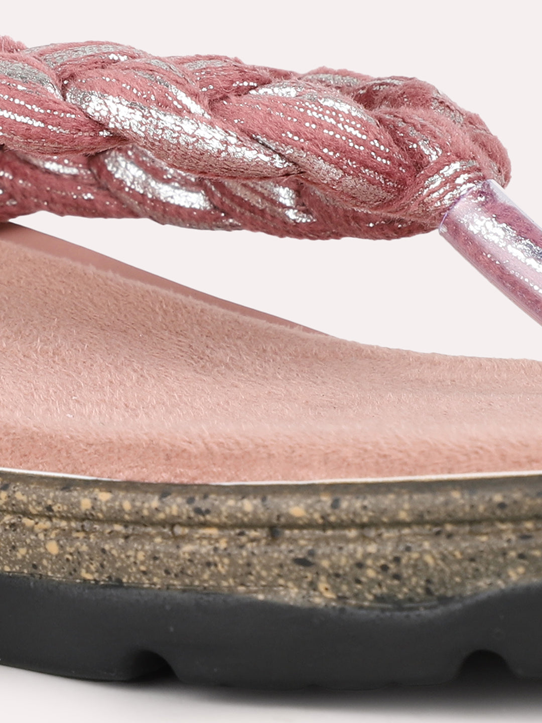 Women Peach Casual Embellished T-Strap Slip-On Flat Sandals