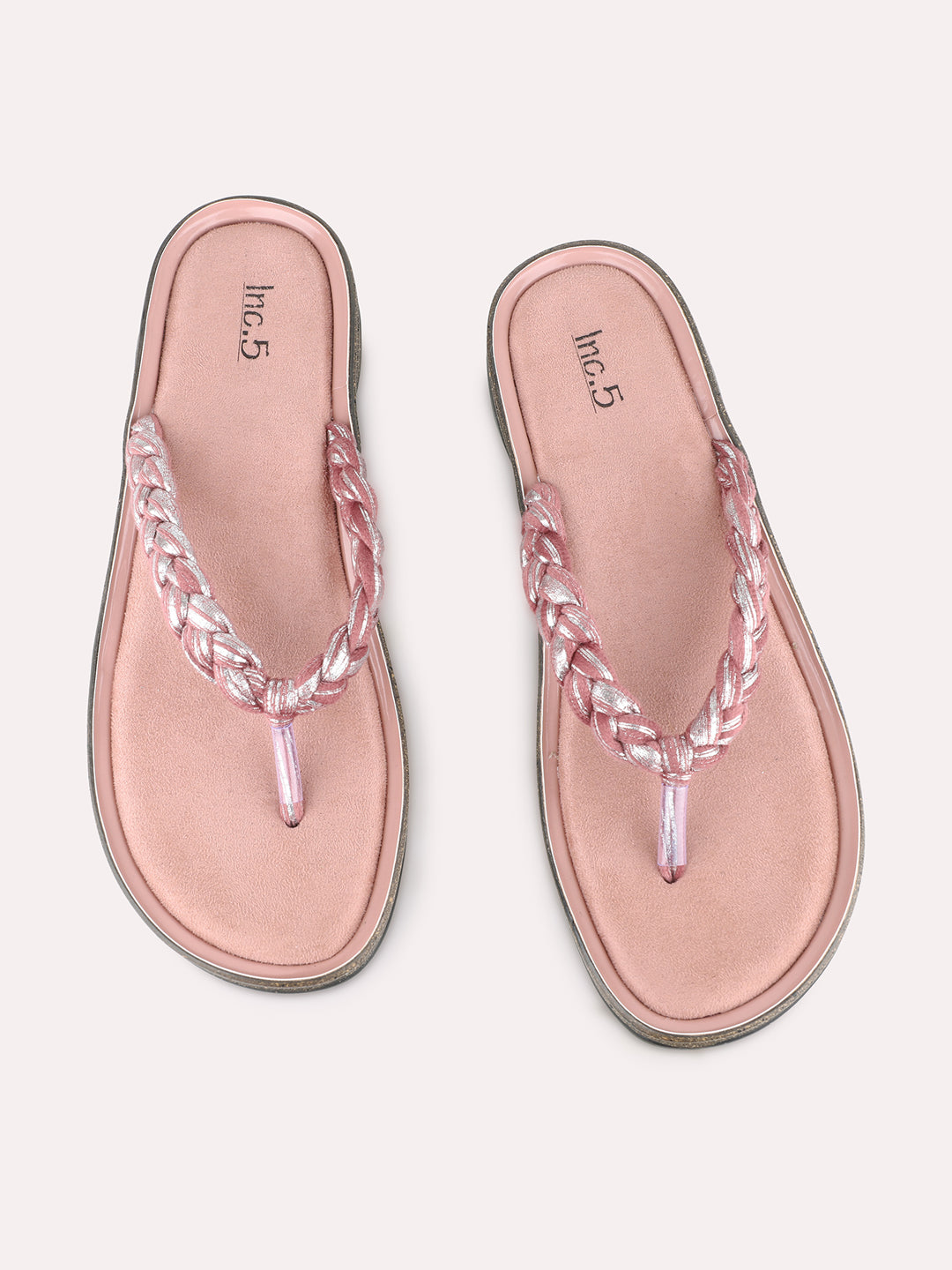 Women Peach Casual Embellished T-Strap Slip-On Flat Sandals