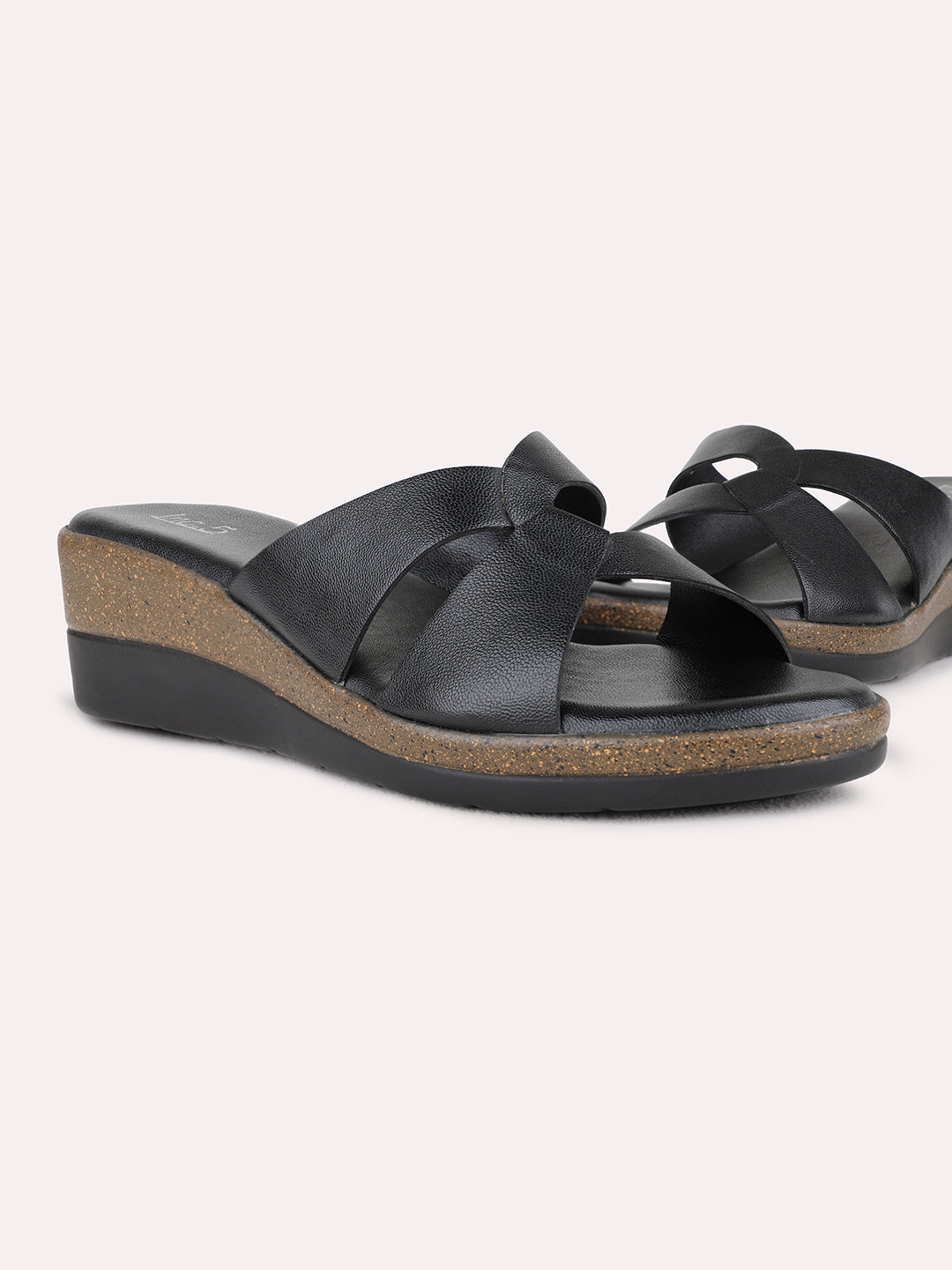 Womens Black Party Wear Solid Pattern Round Toe Wedge Heel Sandals