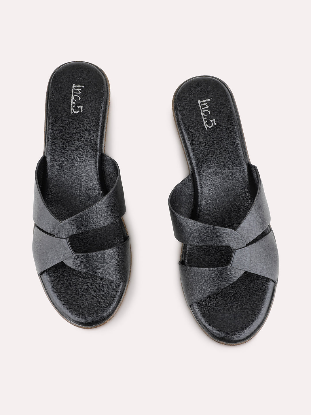 Womens Black Party Wear Solid Pattern Round Toe Wedge Heel Sandals