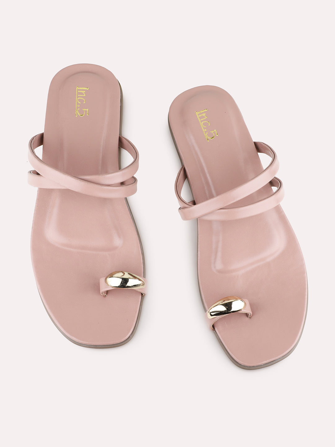 Womens Pink Casual Striped One Toe Flat Slip-On Sandals