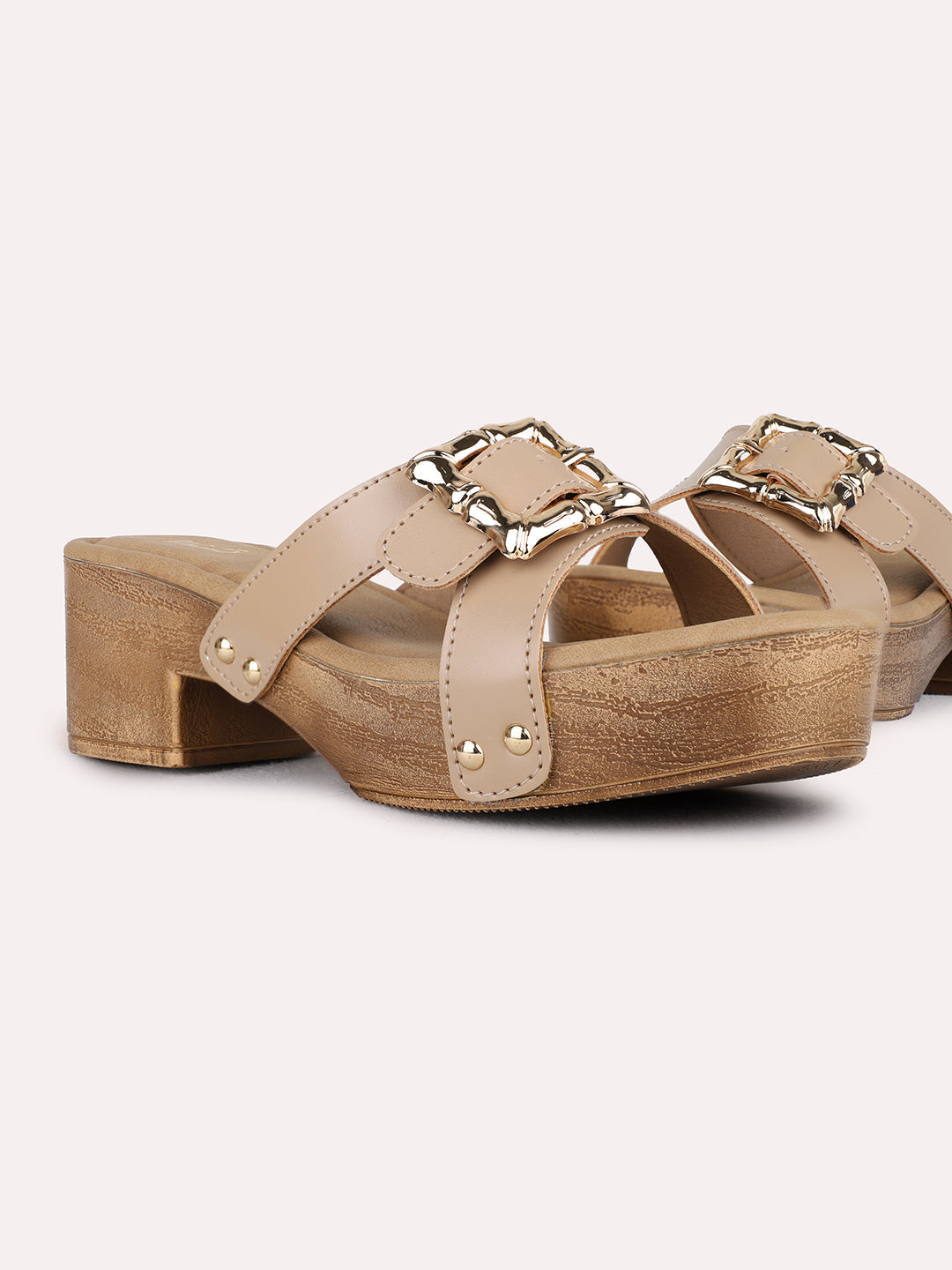 Womens Beige Party Wear Solid Pattern Round Toe Platform Heel Sandals