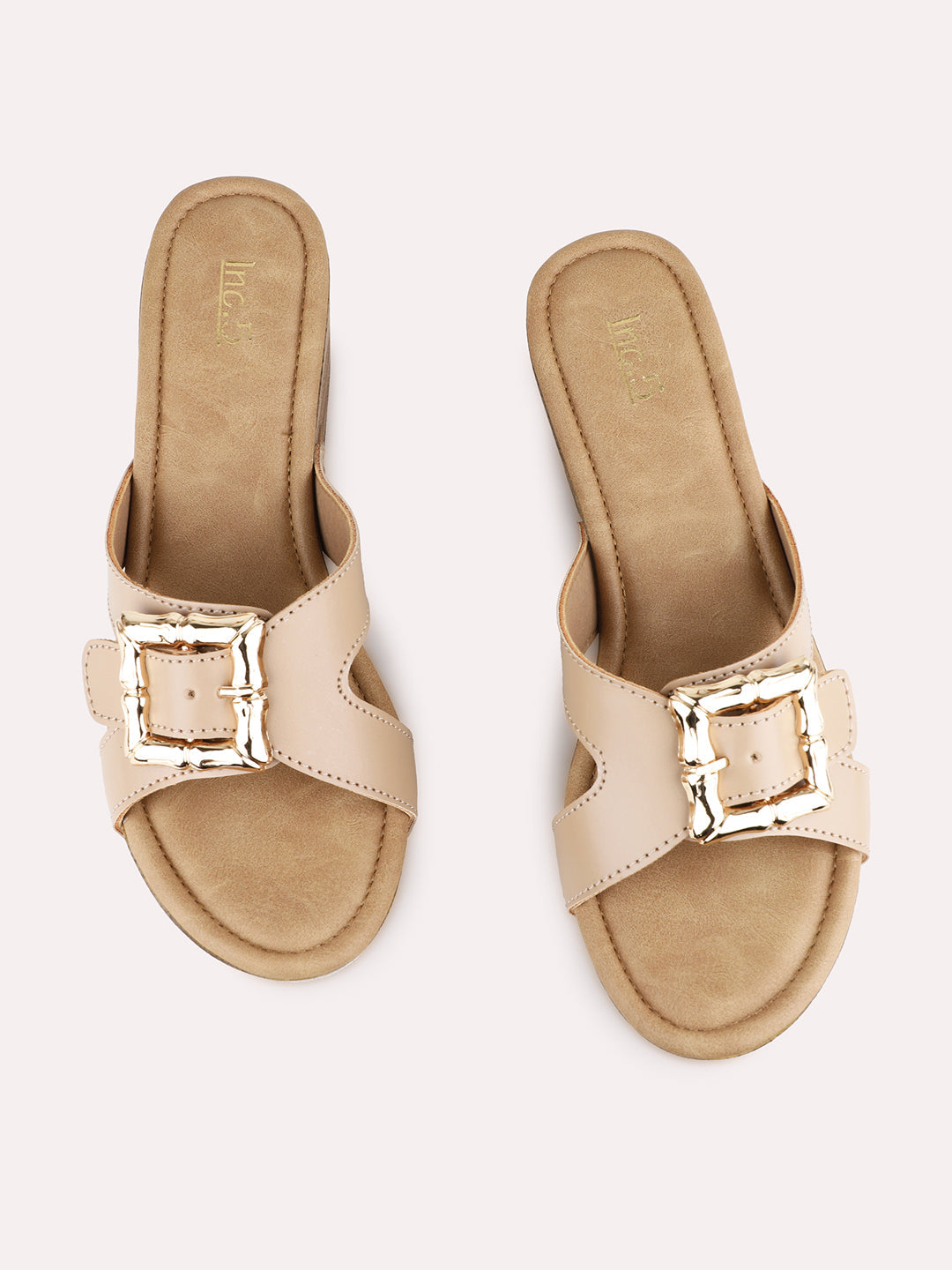 Womens Beige Party Wear Solid Pattern Round Toe Platform Heel Sandals