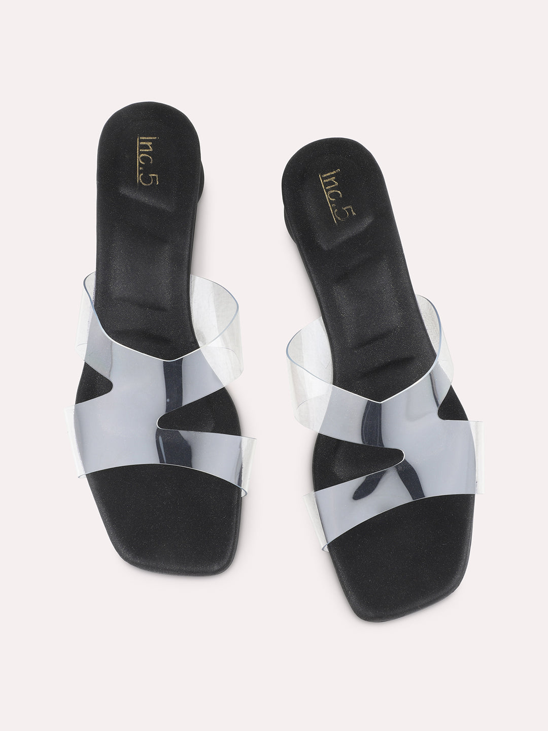 Womens Black Party Wear Transparent Square Toe Block Heel Sandals