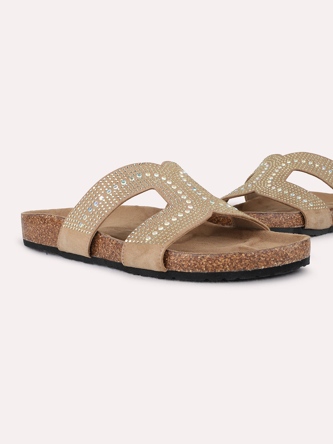 Womens Beige Ethnic Embellished Open Toe Slip-On Sandals